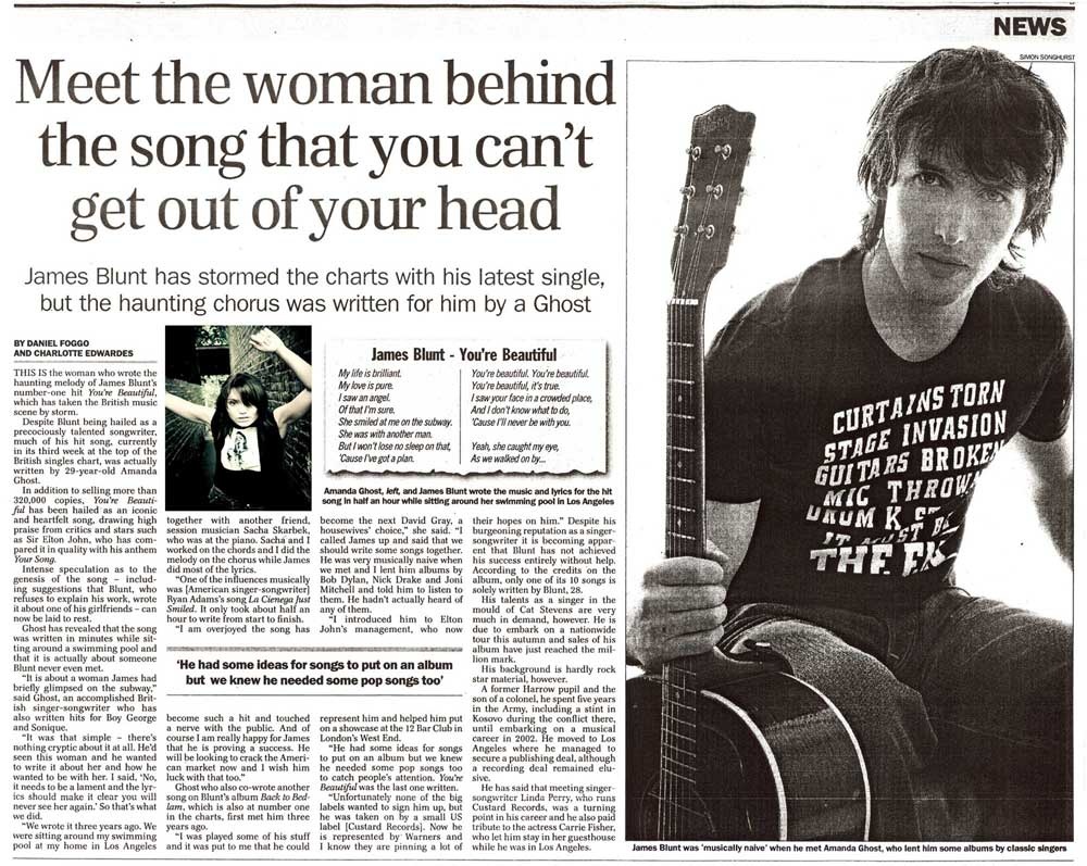 James Blunt / Amanda Ghost newspaper article (Sunday Telegraph, 07.08.2005)
